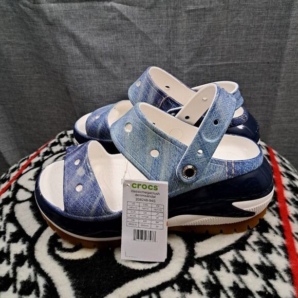 %CROCS Classic Mega Crush Denim Clog Sandals Shoes Women Size 10 Brand New / D14